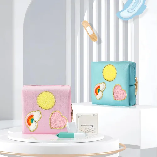 Vista 6 de Paquete de 2 bolsas para el período, bolsa de almacenamiento de servilletas sanitarias de piel sintética para almohadillas femeninas, forros