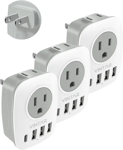 Vista 18 de Paquete de 2 adaptadores de enchufe de Sudáfrica, adaptador de enchufe VINTAR tipo M con 1 USB C, 3 puertos USB y 2 enchufes estadounidenses
