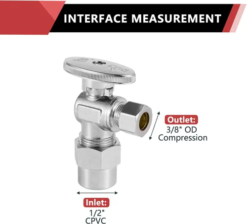 Vista 2 de 1PCS EFIELD Válvula de parada de ángulo, 3/8 "OD Com X 1/2" CPVC conexión de tubería Válvula de cierre de agua de 1/4 de vuelta, latón plateado