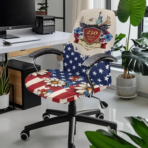 Vista 2 de 250 Years of Glory - Funda para silla de trabajo con diseño de águila calva, diseño de margarita y bandera estadounidense, funda giratoria acolchada
