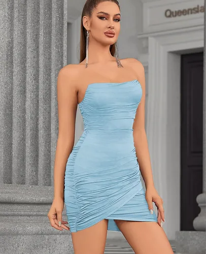 Vista 5 de Vestido sexy de malla con hombros descubiertos, vestido de tubo ajustado para fiesta, fruncido, vintage, sin tirantes, con cremallera, vestidos