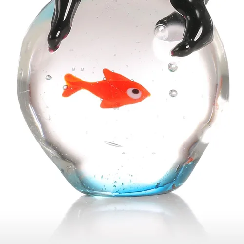 Vista 9 de Tooarts Escultura de gato y pez de colores adorno de cristal soplado a mano, regalo de cumpleaños de Navidad [negro y rojo]