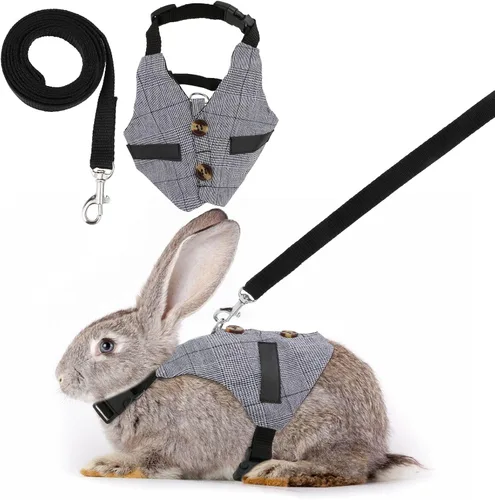 Vista 7 de Conjunto de arnés y correa de conejo, estilo formal ajustable para conejito gatito pequeño animal caminando (S)