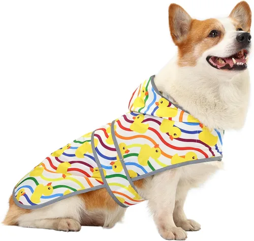 Vista 36 de Impermeable para perros pequeños y cachorros, chaqueta impermeable con capucha con tiras reflectantes, agujero para la correa y poncho de ajuste