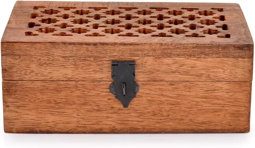 Vista 2 de Caja decorativa de madera de mango con tapa con bisagras, caja de almacenamiento de madera, decoración con tapas (8 x 5 x 3 pulgadas)