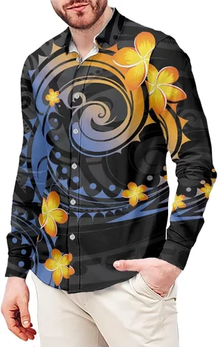 Vista 4 de Camisetas polinesias de manga larga para hombre para hombre, diseño floral de plantas tropicales, camisa con botones en la parte superior