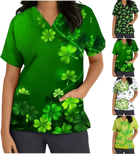 Vista 5 de Camiseta irlandesa de manga corta para enfermeras, para el día de San Patricio, camiseta irlandesa para enfermeras, ropa de trébol irlandés