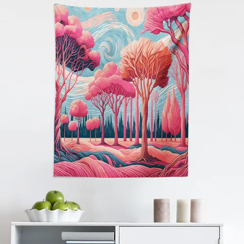 Vista 165 de Ambesonne Tapiz verde, fases lunares alrededor de un árbol de la vida, impresión de diseño bohemio de astrología nocturna, decoración de tela