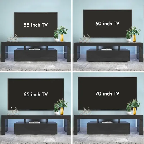 Vista 5 de Soporte de TV negro con 2 estantes de almacenamiento y 3 estantes abiertos, TV LED de alto brillo, centro de entretenimiento de TV, consola de TV
