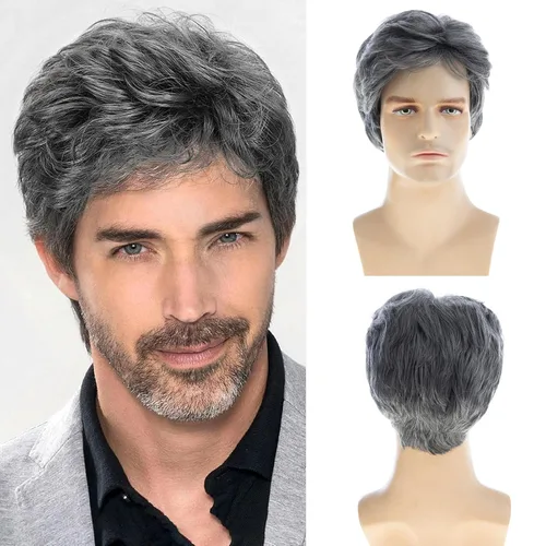 Vista 6 de Peluca gris corta para hombre, peluca sintética resistente al calor, para Halloween, cosplay, peluca de pelo