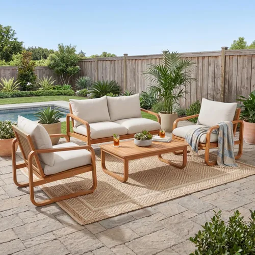 Vista 2 de Juego de muebles de patio al aire libre de madera de acacia de 4 piezas, juego de conversación para todo tipo de clima con sofá biplaza, 2 sillas