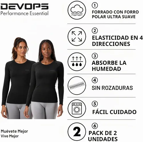 Vista 2 de DEVOPS - Paquete de 2 camisas térmicas de manga larga para mujer, capa base de compresión negro / negro