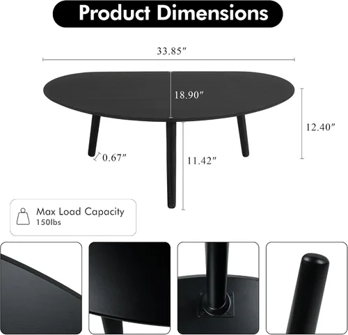 Vista 3 de Mesa auxiliar ovalada pequeña de mediados de siglo moderna para sala de estar, mesa central, mesa de centro de madera maciza, madera natural