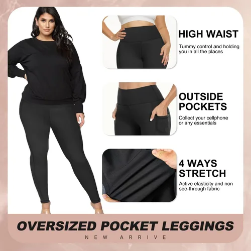 Vista 3 de YOLIX Paquete de 2 leggings de talla grande con bolsillos para mujer, cintura alta, control de abdomen, pantalones negros suaves para entrenamiento