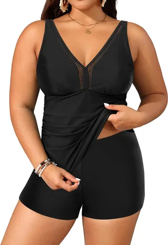 Vista 17 de Yonique Trajes de baño de talla grande para mujer con shorts, control de abdomen, tankini de dos piezas, traje de baño deportivo Aqua y flor azul