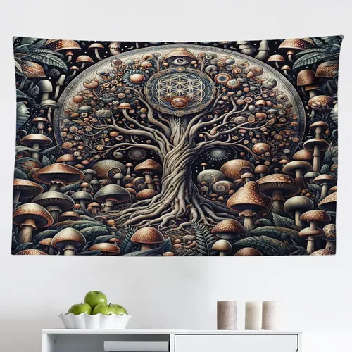 Vista 143 de Ambesonne Tapiz hippie, abrazo de hongos de ensueño y árbol de la vida místico y mandal verde, decoración de tela para colgar en la pared