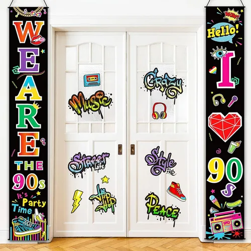 Vista 7 de Blulu Decoración de fiesta de los años 70 y 80, pancarta de los años 90 y 80 con texto en inglés "I Love 1980s Back to the 1980s 1970s Hanging Porch