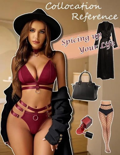 Vista 4 de Avidlove Conjunto de lencería para mujer, conjunto de brasier y calzón con aros en O, 3 piezas
