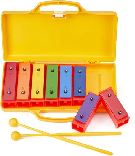 Vista 3 de Xilófono profesional de 25 notas, Glockenspiel para niños y regalo, enseña conceptos básicos de música (arcoíris de 8 notas)