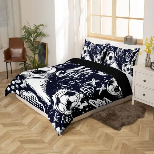 Vista 5 de Erosebridal Funda de edredón para niños, tamaño individual, funda de edredón de fútbol para jugadores, juego de ropa de cama con grafiti fresco
