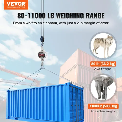 Vista 2 de VEVOR Báscula digital para grúa, 11000 lbs/5000 kg, báscula industrial resistente para colgar con control remoto, carcasa de aluminio fundido