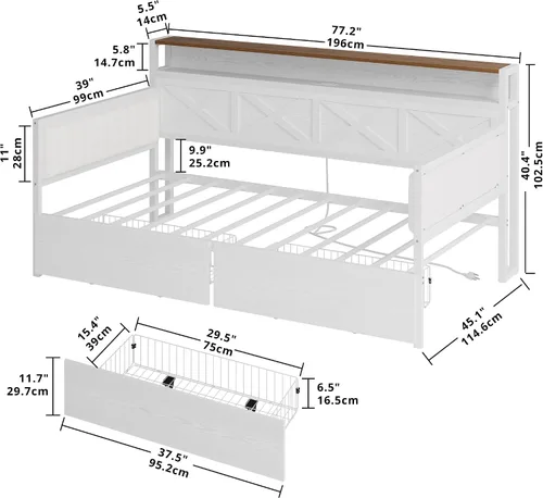Vista 2 de IRONCK Cama de sofá tamaño individual con cajones de almacenamiento, marco de cama de metal resistente con cabecero en forma de X y estación