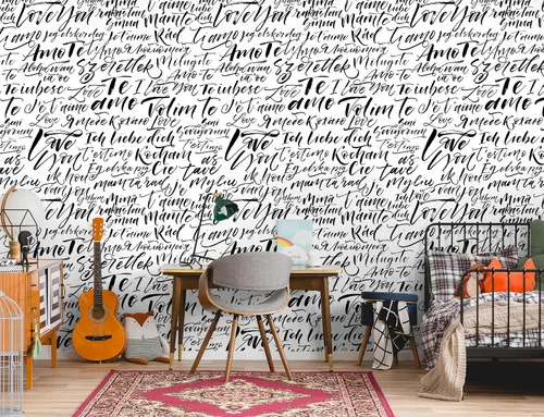 Vista 3 de Murwall Hand Drawing Text Wallpaper Modern Calligraphy Hand Drawn Wall Mural Love Letter Drawing Art Wallpaper
