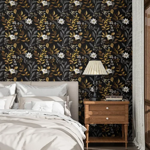 Vista 6 de Papel pintado floral dorado negro para pelar y pegar, papel pintado de hojas boho, papel de contacto botánico para gabinetes, vinilo autoadhesivo