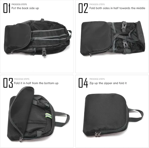 Vista 7 de Yaopeing Mochila ligera, plegable de 25 litros, resistente al agua, bolsa de hombro de viaje al aire libre para mujeres y hombres, color negro