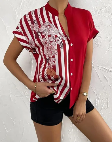 Vista 4 de Pantete Blusa de manga corta con botones y cuello en V para mujer