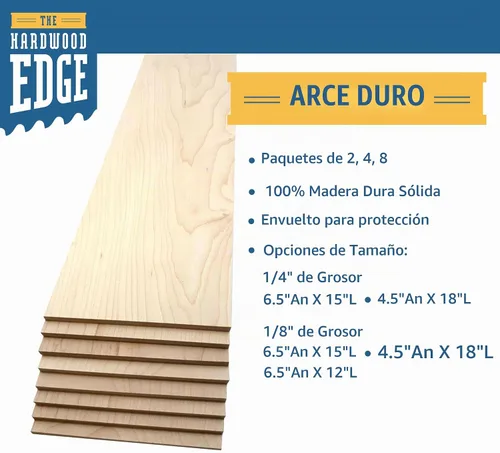 Vista 4 de Tablones de Madera Dura de Arce - Paquete de 2 Madera de Arce Dura para Manualidades de Madera Sin Terminar - 1/4'' (6mm) 100% Madera Dura Pura