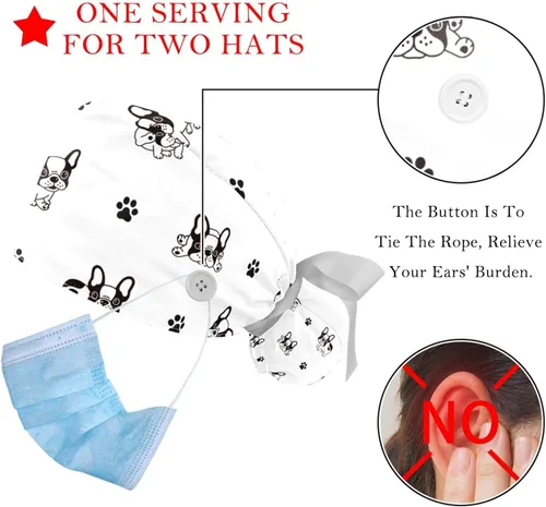 Vista 3 de FFLOWER 2 gorras de trabajo para mujer con botón lindo bulldog francés cubierta de pelo largo cinta con cordones