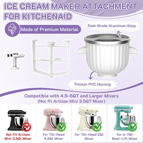 Vista 4 de Accesorio para máquina de helados KitchenAid para batidora de pie, se adapta a mezcladores KitchenAid de 4.5 cuartos de galón y más grandes, tazón