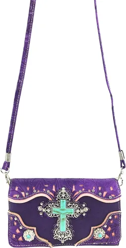 Vista 3 de Zelris Turquesa Rhinestone Cross Western Mujeres Crossbody Muñeca Trifold Wallet (Púrpura), Púrpura, Zelris Cruz Turquesa