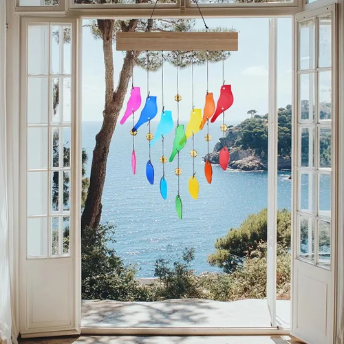 Vista 2 de Campanas de viento de vidrio coloridas para jardín y patio al aire libre - Campana de viento con diseño de pájaro hecha a mano, regalo perfecto