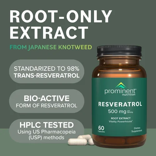Vista 5 de Prominent Nutrition Suplemento de resveratrol, antienvejecimiento y apoyo inmunológico, suplemento de trans-resveratrol 98% puro, 500 mg, suministro