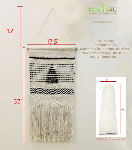 Vista 3 de NATURE4U Algodón tejido para colgar en la pared, decoración del hogar, bohemio, beige, geométrico, hecho a mano, 100% algodón, decoración artística