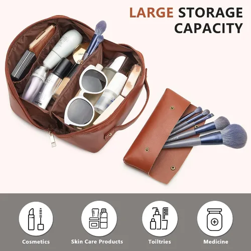 Vista 2 de Bolsa de maquillaje organizadora de viaje, bolsa de cosméticos grande con divisores ajustables, bolsa de almacenamiento portátil para artistas