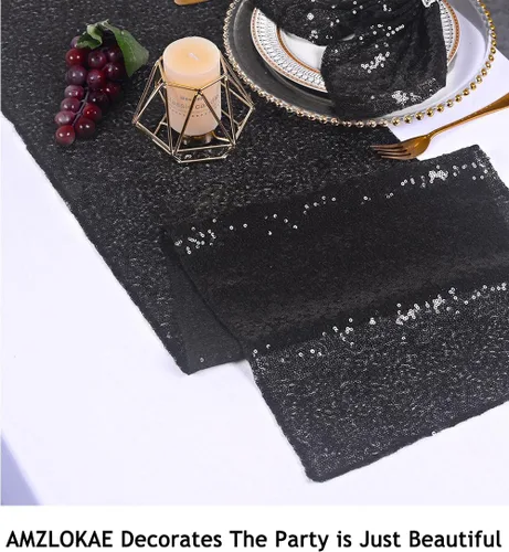 Vista 6 de AMZLOKAE Camino de mesa de lentejuelas, paquete de 2, camino de mesa negro de 12 x 120 pulgadas, para decoración de boda, rectangular, color negro
