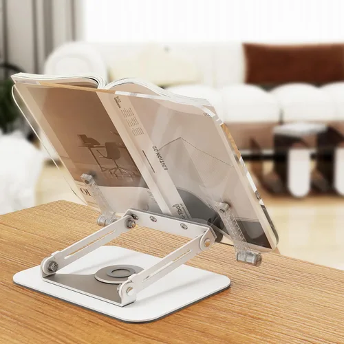 Vista 3 de Luxdecor Soporte para libros de madera para lectura, soporte ajustable para libros con base giratoria de 360° y 2 clips de página, soporte