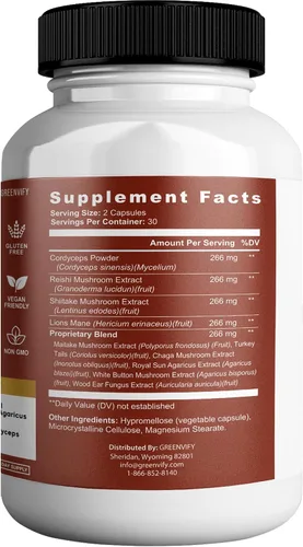 Vista 2 de Lions Mane 10 Super Champiñones Suplemento - Melena de León, Reishi, Cordyceps, Extractos de Shiitake - 60 Cápsulas (1)