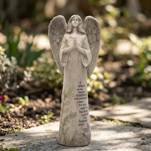 Vista 9 de Estatua de ángel de resina con pájaro, escultura de jardín al aire libre de 10 pulgadas para patio y césped, regalo conmemorativo impermeable