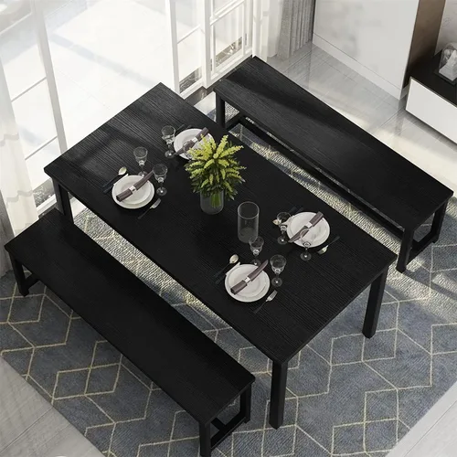 Vista 3 de Juego de mesa de comedor con 2 bancos, juego de mesa de comedor de estilo granja para 4-6 personas, juego de mesa de desayuno de madera, juego