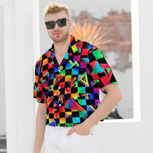 Vista 4 de QINGXUN Camisas de los años 80 para hombre, camisa con botones de los años 90, camisa retro hawaiana para playa, camisas de discoteca vintage