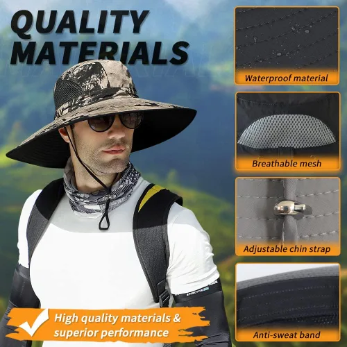 Vista 6 de 【Gran tamaño XXL y ala ancha】 Sombreros de sol para hombre, UPF50+resistente al agua: sombrero de pesca Boonie para senderismo, safari, playa, jardín