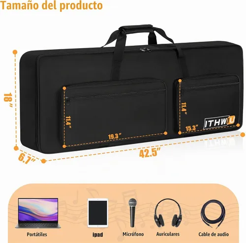Vista 2 de Funda acolchada de 8 mm a prueba de golpes para teclado de 61 teclas, bolsa para teclado de piano eléctrico con buena protección, correas ajustables