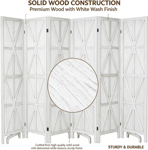 Vista 6 de 6 Panel Wooden Room Divider,67" Tall Folding Privacy Screen,Whitewashed Whitewashed 6 Panel