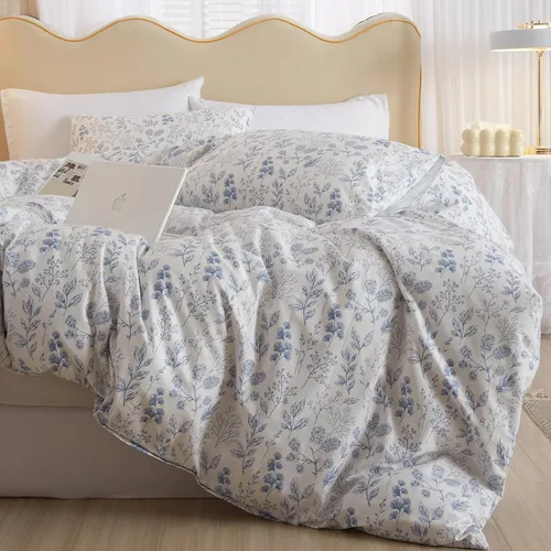 Vista 2 de Juego de funda de edredón blanca con estampado floral azul, juego de ropa de cama de algodón suave estilo bohemio, juego de ropa de cama estética