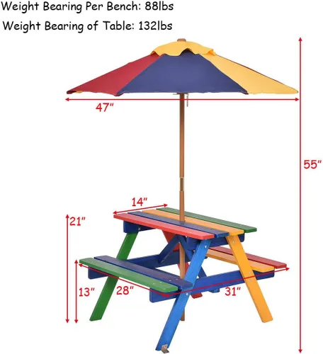Vista 6 de HAPPYGRILL Juego de mesa de picnic para niños Mesa para niños con paraguas