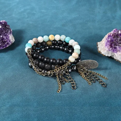 Vista 6 de Pulseras de piedra de lava natural de 0.315in para hombres, difusor de aceites esenciales de cristal curativo, pulsera de chakras, yoga, energía